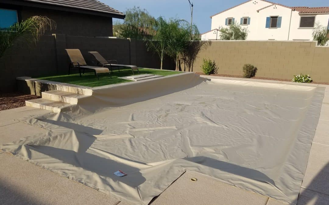 Tan Power Lock Pool Cover In Rectangle With Raised Wall and Steps AZ