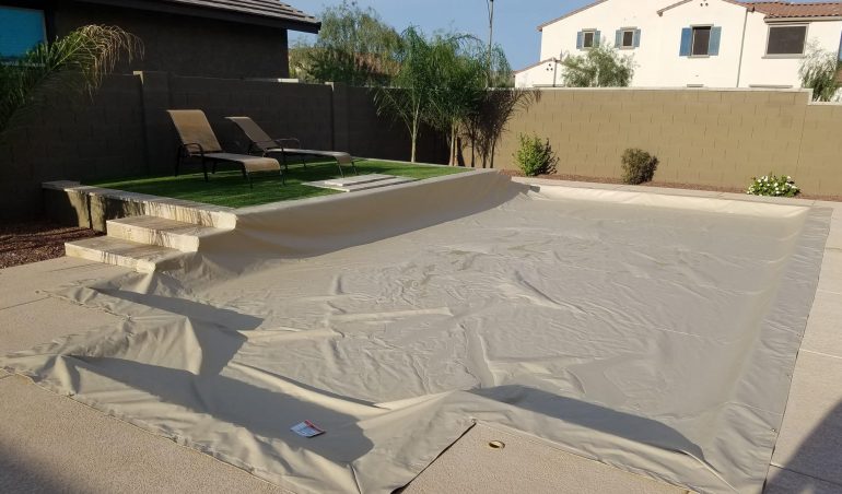 Tan Power Lock Pool Cover In Rectangle With Raised Wall and Steps AZ