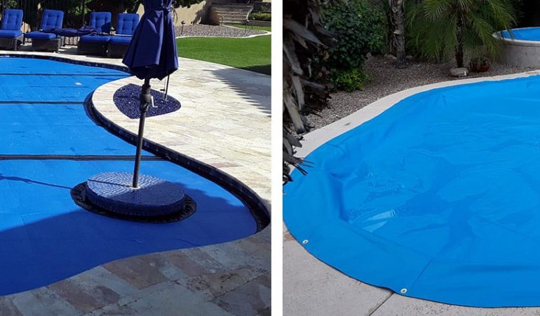Thermal Non-Safety Pool Cover next to Vinyl Safety Pool Cover